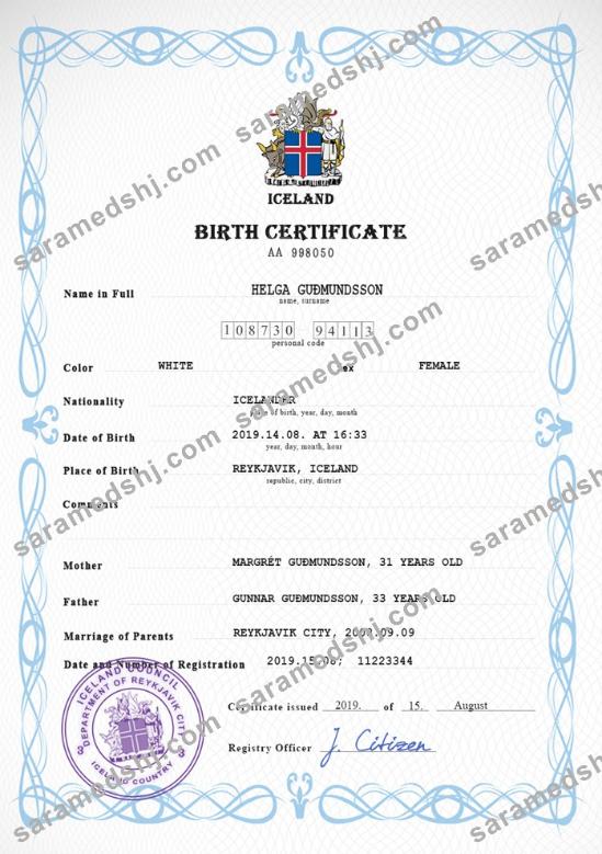 Iceland vital record birth certificate PSD template